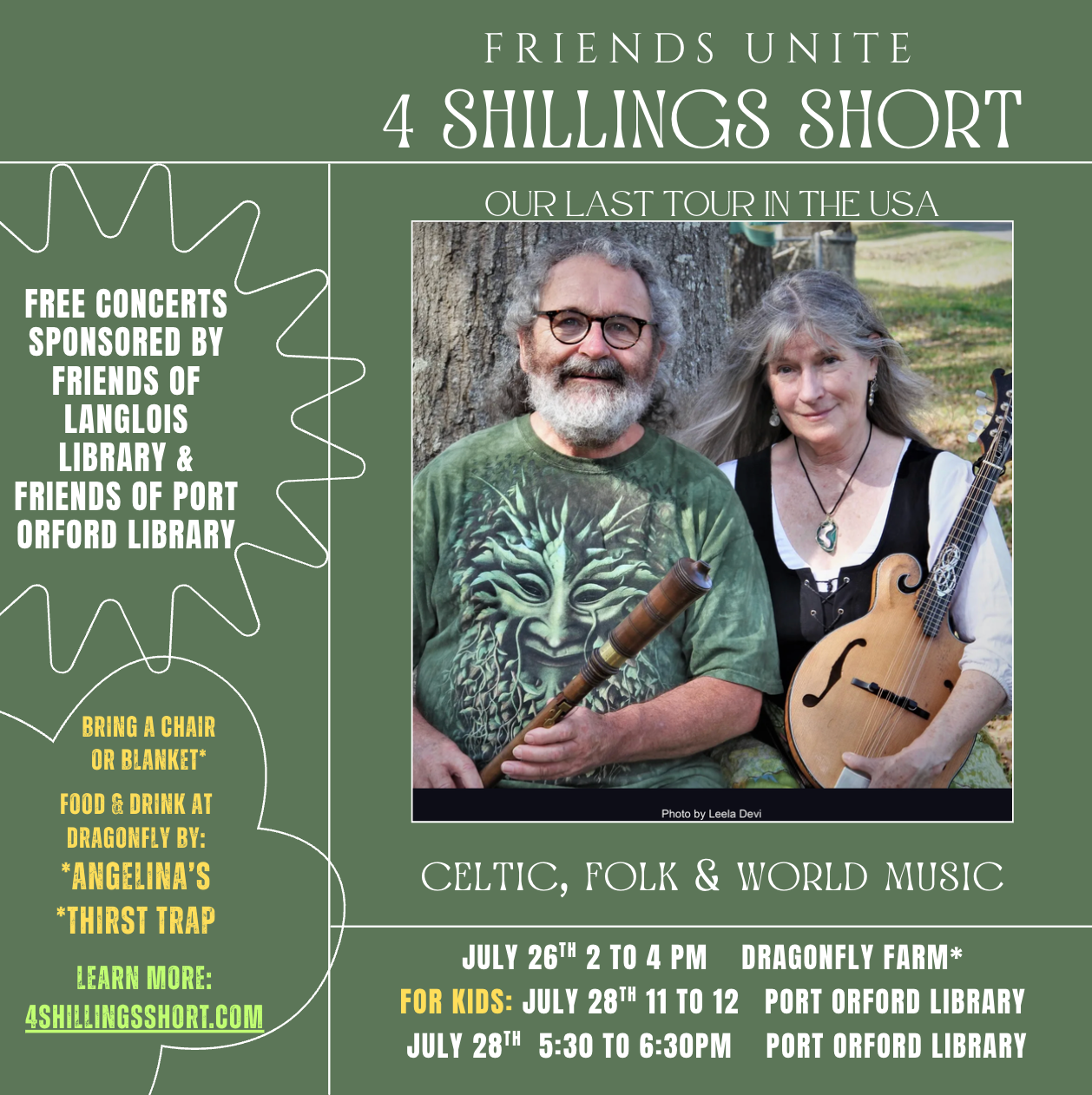 Friends of Langlois Library Free Concert at Dragonfly Farm: Celtic, Folk & World Music by 4 Shillings Short 