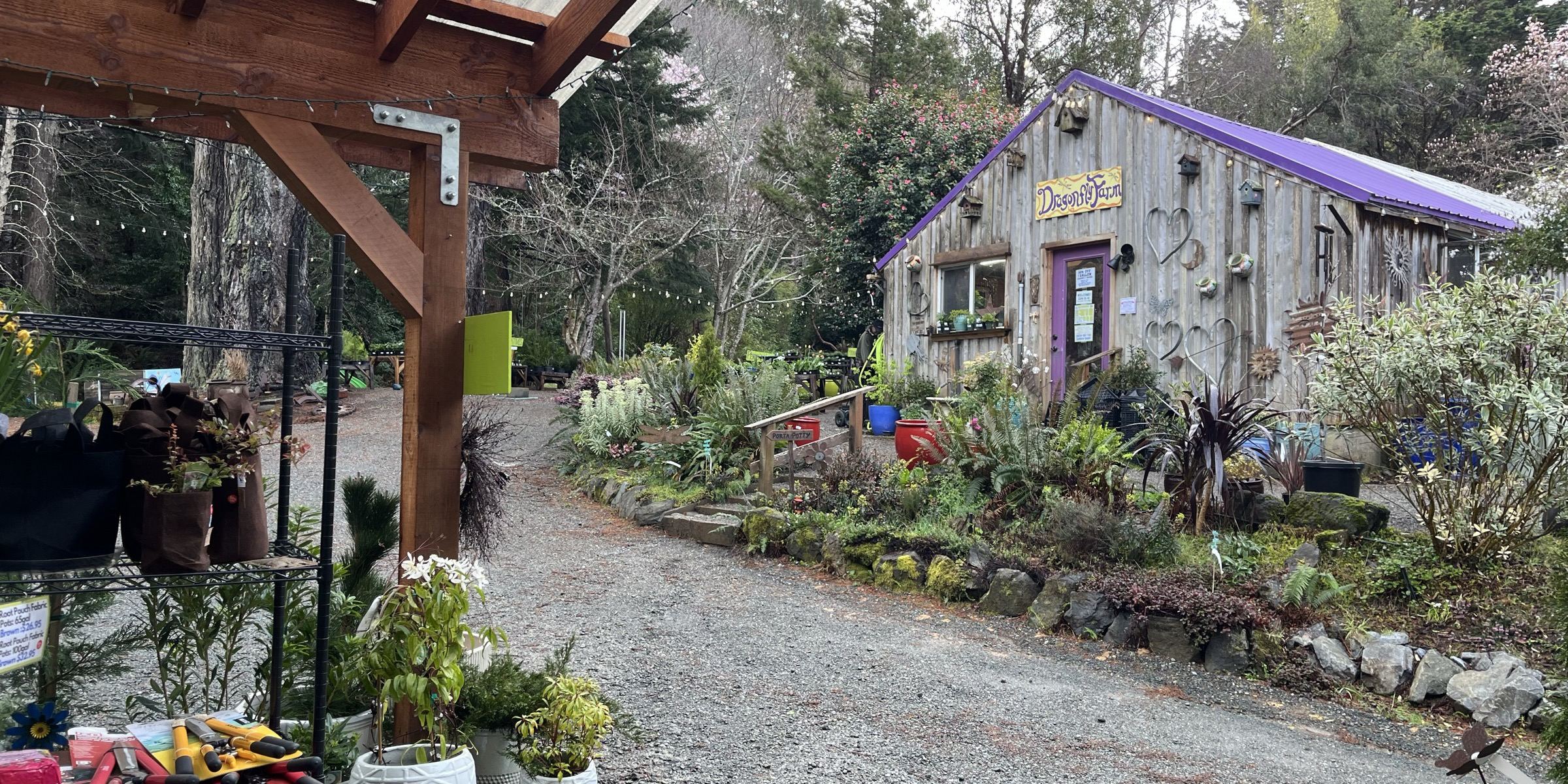 Dragonfly Farm & Nursery entrance with wooden storefront and garden beds in Langlois, Oregon